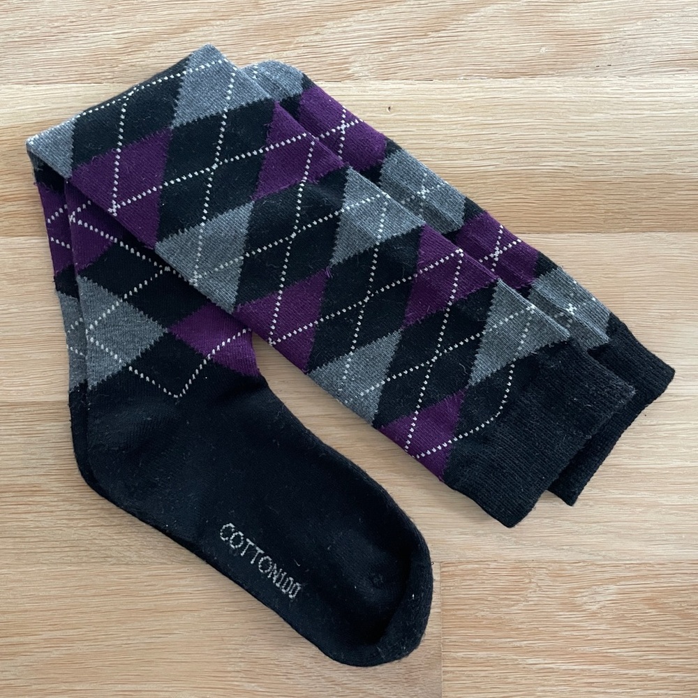 Argyle knee socks, purple, gray, black